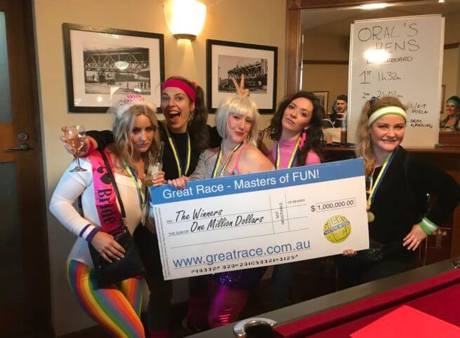 Hens Party Activity Amazing Race with bars dress up lycra fun bride to be winners million dollar cheque great race masters of fun